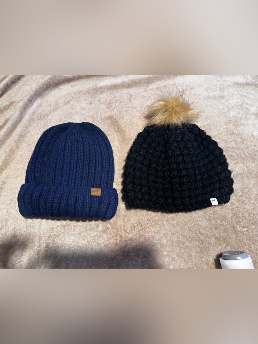 Fabletics Kids Navy and Black Knit Beanie Duo with Faux Fur Pom